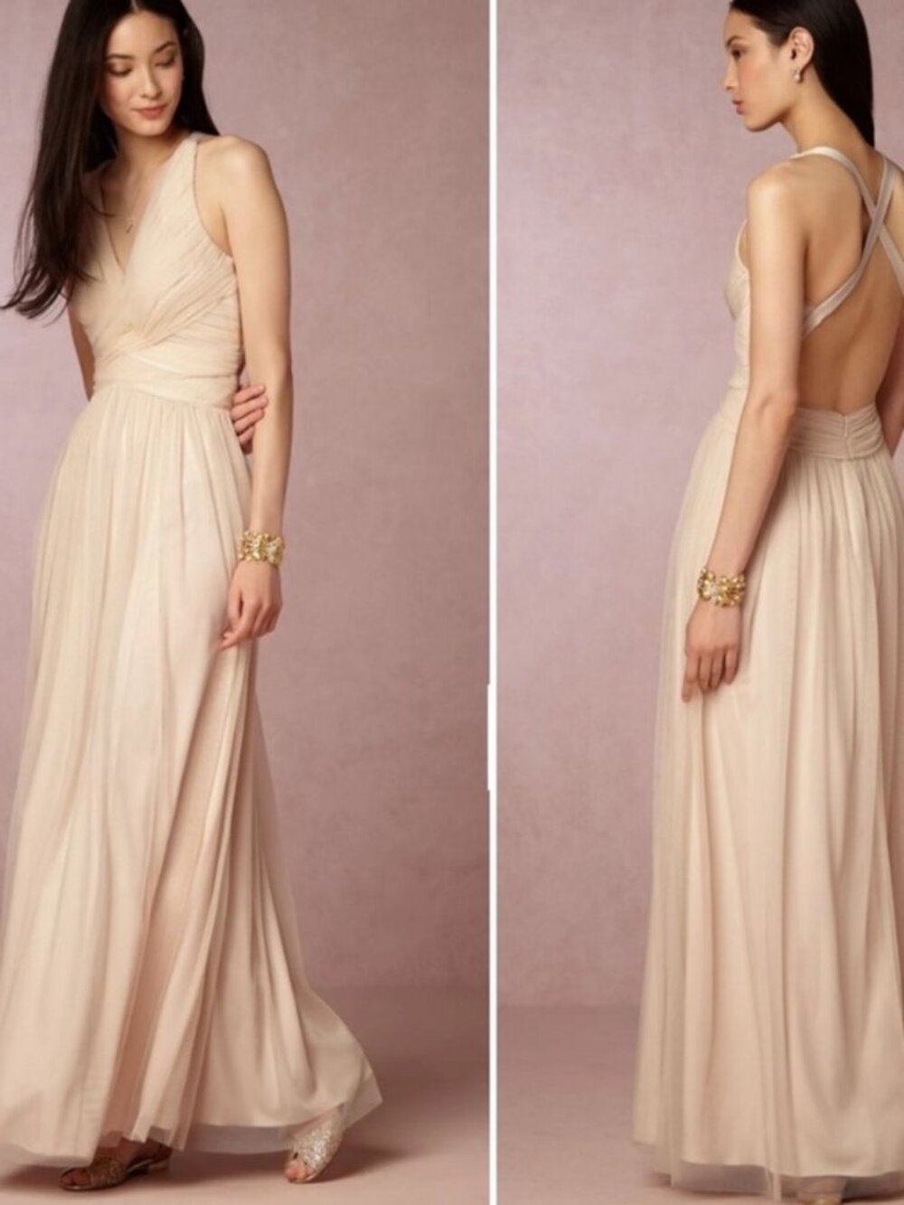 BHLDN Hitherto by Anthropologie Cream Tulle Maxi Formal Dress Criss Cross Back 2